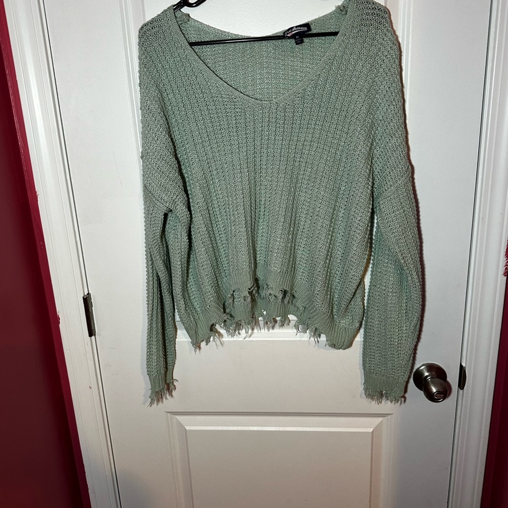 Green crop top sweater v neck long sleeve